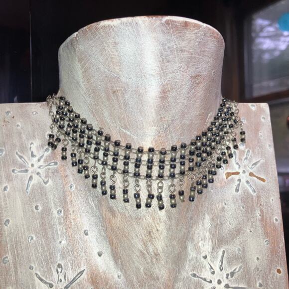 Silver and black beaded chain choker statement necklace - Picture 3 of 6